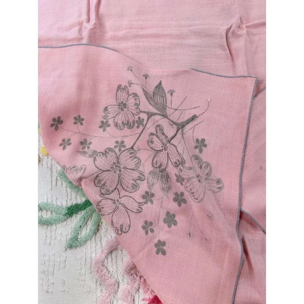 Vintage Pink Square Tablecloth Silver Floral Dogwood Graphic 36x36 Scarf Wrap